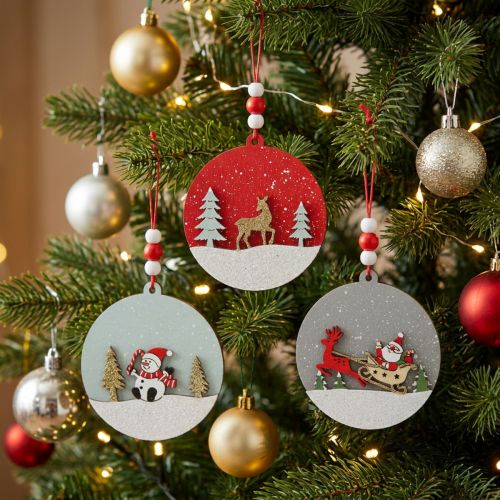 Pingente de Natal redondo decoração de madeira para pendurar Ø8,5cm 6uds | Floristik24.pt