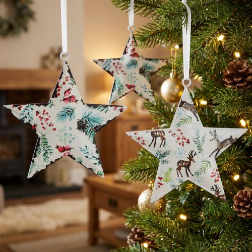 Enfeites de Natal: estrela, veado, ramos de pinheiro, frutos silvestres, Ø8cm, conjunto de 6 enfeites decorativos para pendurar na árvore de Natal. | Floristik24.pt