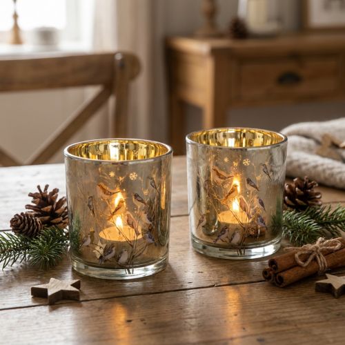 Itens Porta-velas de vidro com motivo de pássaro e floco de neve, 8 cm, 2 peças