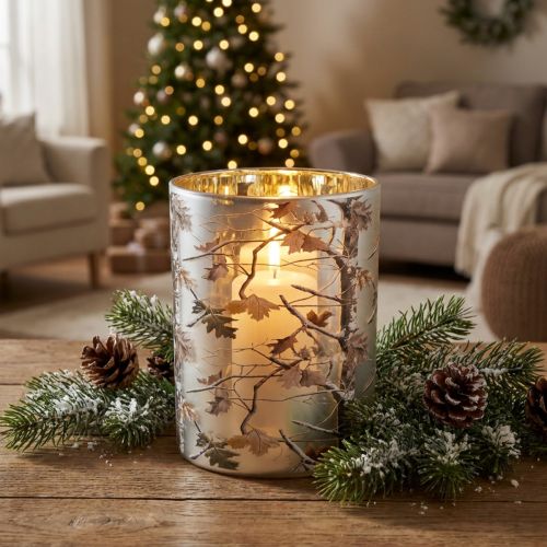 Itens Lanterna de vidro com desenho de galho, interior dourado, 12 cm