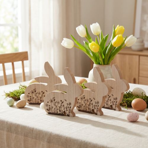 Coelhinhos da Páscoa coelhinhos de madeira sentados castanho natural 18,5×18cm 4 un | Floristik24.pt