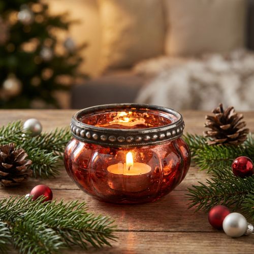 Vidro tealight prata vermelha antiga com borda de metal Ø6cm Alt.3,5cm | Floristik24.pt