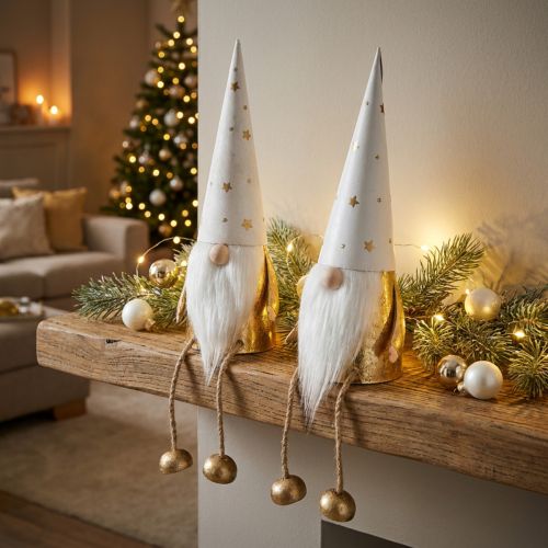 Figura decorativa de Natal Gnomo branca, dourada Ø6,5cm Alt.22cm 2 unidades | Floristik24.pt
