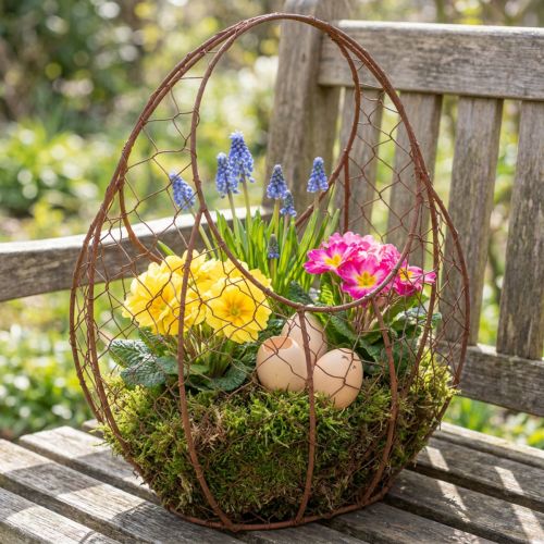 Cesto de arame, floreira de metal, decoração de primavera, cesto de Páscoa, marrom, acabamento enferrujado, 34 cm de altura x 30 cm de largura. | Floristik24.pt