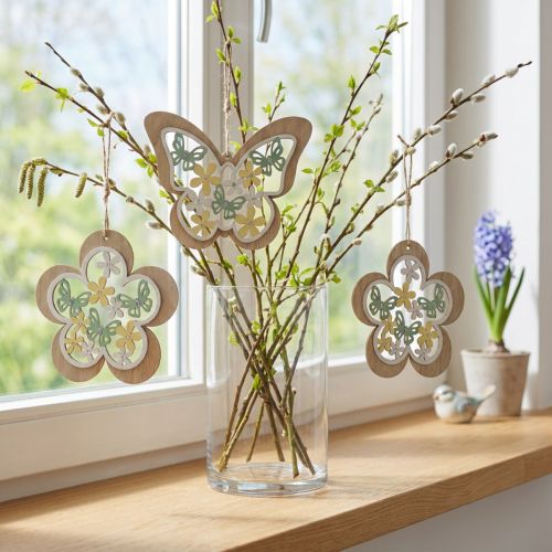 Borboleta para pendurar, pingente de flor de madeira, decoração de primavera com purpurina H11/14,5cm 4uds | Floristik24.pt