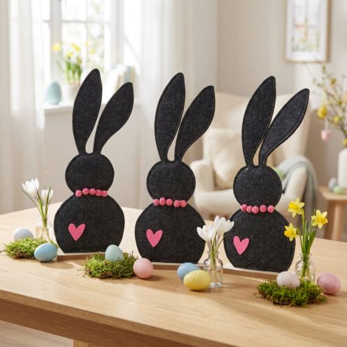 Decoração de mesa decoração coelhinho da Páscoa feltro preto com coração 45cm 3 peças | Floristik24.pt