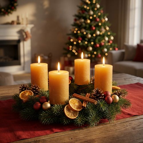 Conjunto de 4 velas cilíndricas de cor sólida, cor mel, Ø60×80mm - Decoração de coroa do Advento, em cera. | Floristik24.pt