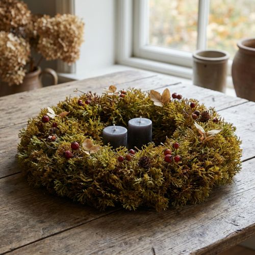 Itens Coroa decorativa de musgo artificial com cabide marrom verde Ø30cm