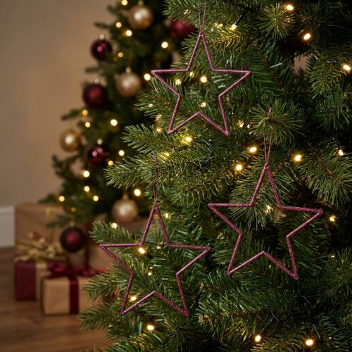 Estrelas decorativas para árvore de Natal com glitter roxo e frutinhas vermelhas Ø12cm (12 peças) | Floristik24.pt