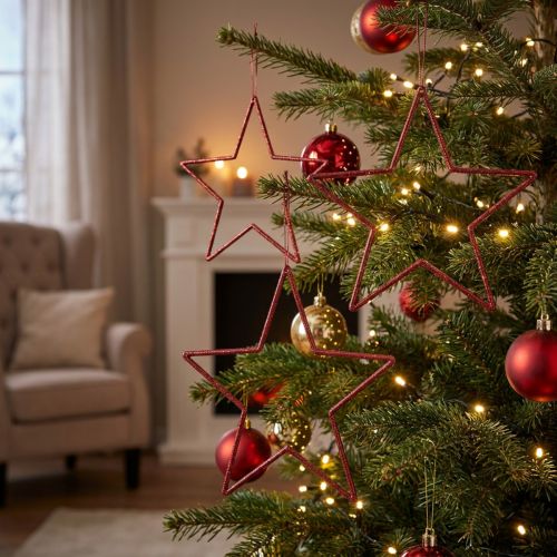 Estrelas decorativas de Natal, vermelhas com glitter, 18 cm, conjunto com 8 peças - Enfeites para árvore de Natal e decoração de janelas. | Floristik24.pt