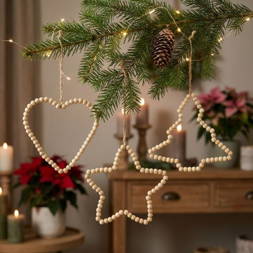 Contas decorativas de madeira de Natal coração estrela árvore Alt.16cm 3 unidades | Floristik24.pt