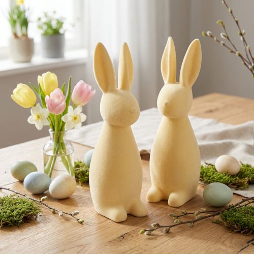 Coelho de Páscoa Decorativo – 2ª Escolha – Flocado Amarelo Claro H29,5cm 2 pcs | Floristik24.pt