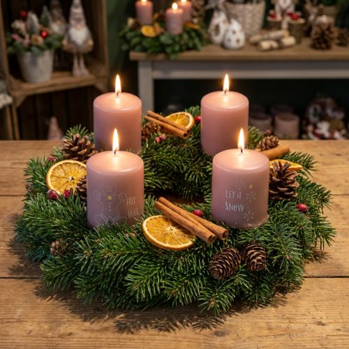 Velas de Natal rosa, velas cilíndricas, conjunto de 4, decoração de inverno Ø5cm A6cm | Floristik24.pt