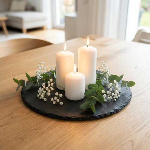 Bandeja redonda de pedra em placa de ardósia natural preta Ø30cm 2 un | Floristik24.pt