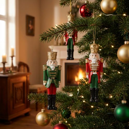 Conjunto de 4 enfeites de Natal em forma de quebra-nozes, nas cores vermelho, verde e dourado, 10 cm. | Floristik24.pt