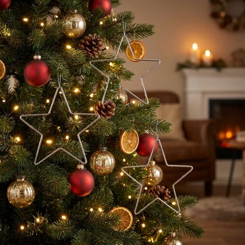 Conjunto de 6 enfeites de Natal em forma de estrela prateada para pendurar, Ø15cm. | Floristik24.pt