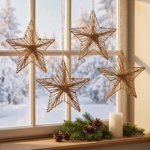 Estrela embrulhada em juta decoração de Natal rústica 20 cm 4 unidades | Floristik24.pt