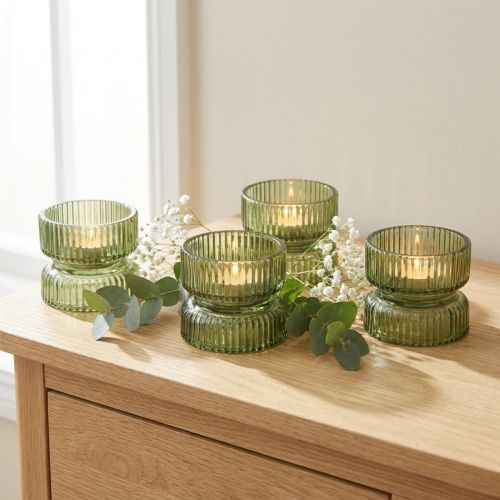 Porta-velas de vidro decorativos, canelados, verdes, Ø9cm, A7cm, conjunto de 4 peças | Floristik24.pt