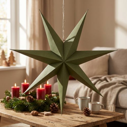 Estrela decorativa feita de papel e juta para pendurar, um enfeite festivo que chama a atenção. | Floristik24.pt