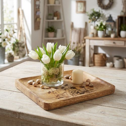 Bandeja decorativa em madeira de mangueira com padrão floral, 25×20cm | Floristik24.pt