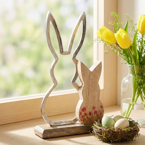 Coelho mãe com filho coelho decoração natural prata 26,5cm | Floristik24.pt