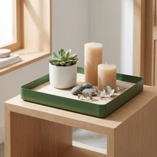 Bandeja decorativa de metal quadrada verde base de madeira 25,5×25,5cm | Floristik24.pt