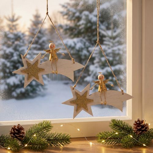 Anjo na estrela cadente, decoração de Natal para pendurar, Advent White, Golden H13cm L21,5cm 2pcs | Floristik24.pt