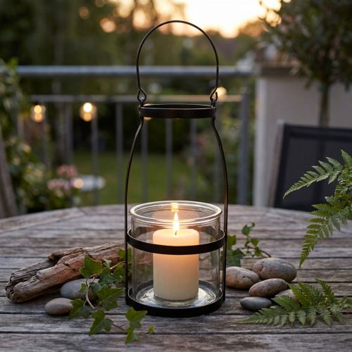 Lanterna de vidro com cabo castiçal preto H25cm | Floristik24.pt