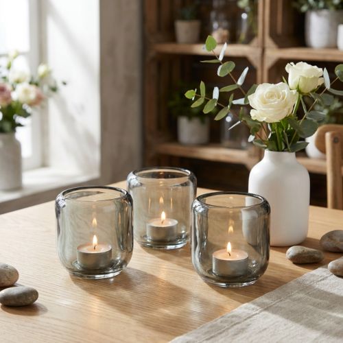 Castiçais de vidro cinza com design canelado para velas pequenas, 8 cm, conjunto de 6 peças. | Floristik24.pt