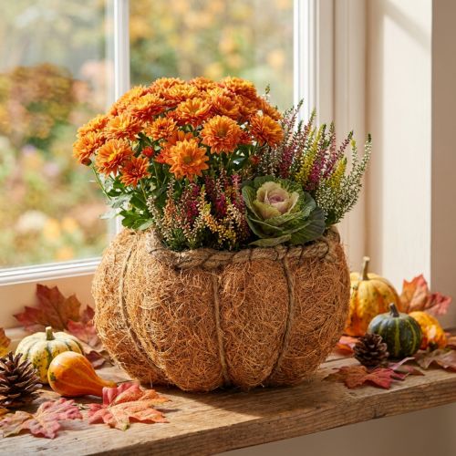Cesto para plantador em formato de abóbora com revestimento metalizado, decoração de outono, laranja, Ø18cm, A15cm | Floristik24.pt