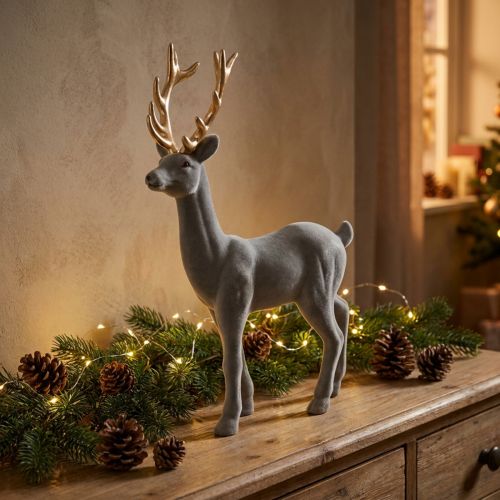 Figura decorativa veado decorativa rena flocada cinza H37cm | Floristik24.pt
