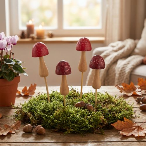 Estacas para arranjos florais, em formato de cogumelo, estacas de madeira, vermelhas, Ø2,5cm, 8 peças | Floristik24.pt
