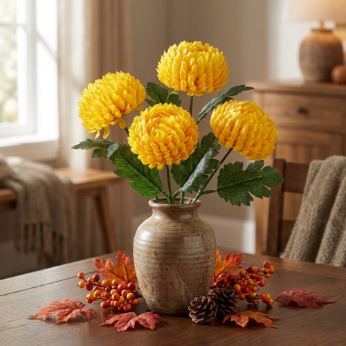 Crisântemo Flores de Seda Amarelas Ø7cm C18cm 4 unidades | Floristik24.pt