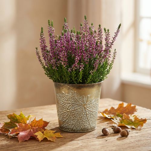 Vaso para outono, vaso de metal com decoração de folhas, vaso de ouro Ø10cm Alt.10cm | Floristik24.pt