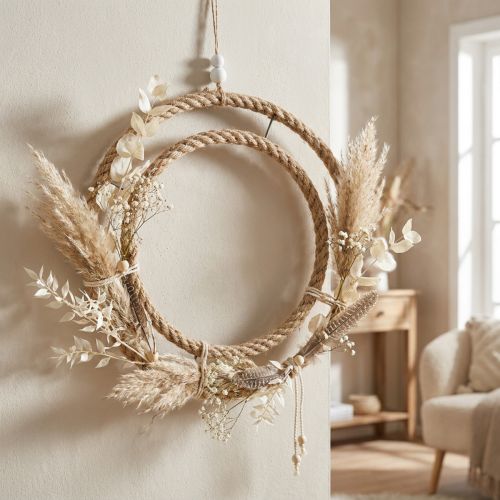 Anel decorativo duplo, estilo boho, para decoração de parede e janela, anel de metal com juta, cor prata natural, Ø41cm | Floristik24.pt