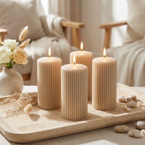 Velas de pilar, bege, com ranhuras, 70/130 mm, 4 peças | Floristik24.pt