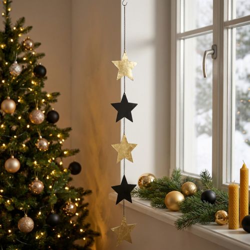 Pingente de estrela de decoração de natal ouro preto 5 estrelas 78cm | Floristik24.pt