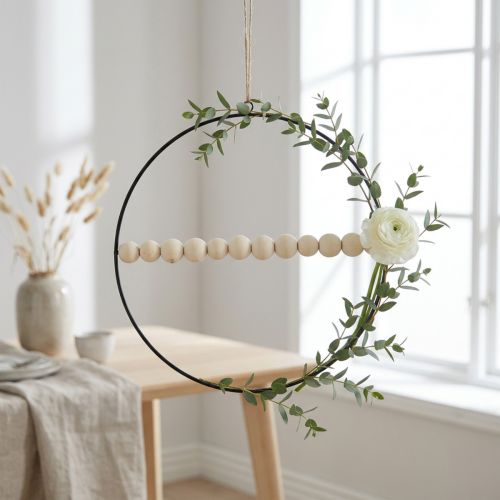 Anel decorativo, metal, contas de madeira, Ø30cm, preto, branco, natural, conjunto de 4 | Floristik24.pt