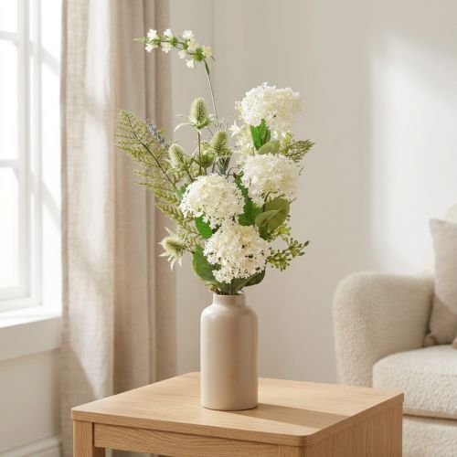 Buquê de flores artificiais: arbusto bola de neve, cardo-selvagem, samambaia, 65cm - decoração, aparência natural, fácil de cuidar. | Floristik24.pt