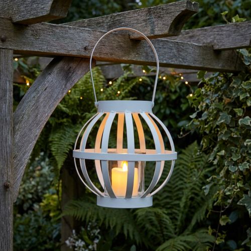 Lanterna de jardim, metal e vidro, suporte para vela suspenso, branca, Ø18,5 cm | Floristik24.pt