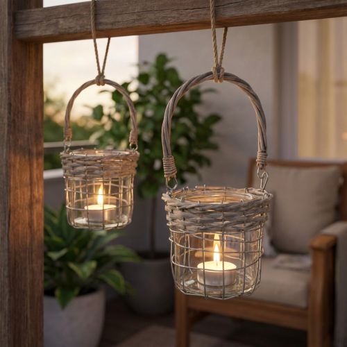 Itens Lanterna decorativa suspensa, metal, vidro, vime, Ø13cm A12cm, 2 peças