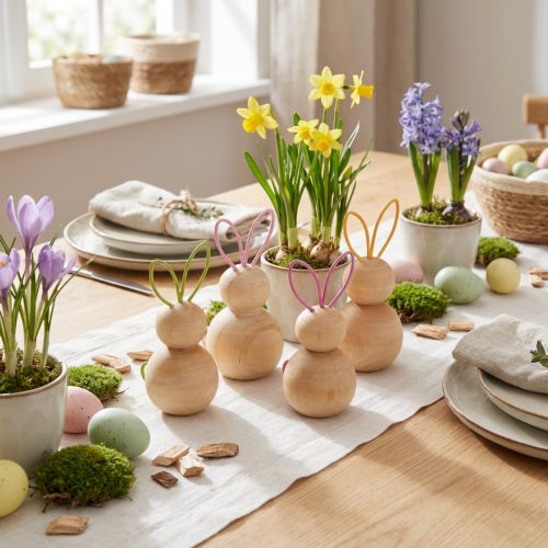 Coelho decorativo de madeira com orelhas de arame para decoração moderna de Páscoa, 11 cm, 4 peças | Floristik24.pt