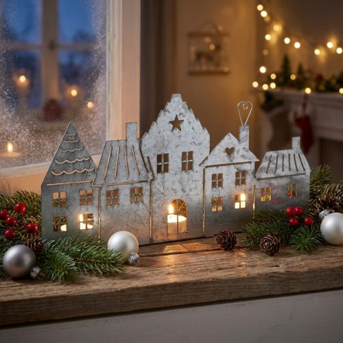 Decoração de natal casinhas porta velas metal prata 25cm | Floristik24.pt