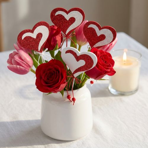 Coração no palito, vermelho e branco, coração decorativo, decoração para o Dia dos Namorados, 16 peças | Floristik24.pt