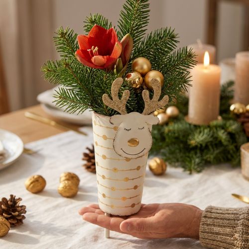 Vaso para plantas de rena, decoração do Advento, decoração de metal, floreira para o Natal branco, dourado Alt.28cm Ø8.5cm | Floristik24.pt