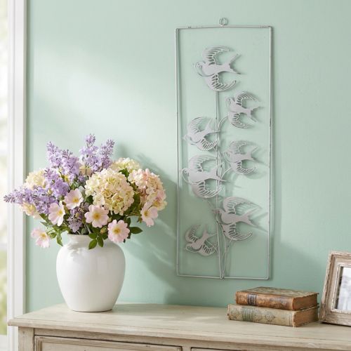 Decoração de andorinha, decoração de parede de metal, pássaros para pendurar brancos, prata chique gasto A47,5 cm | Floristik24.pt