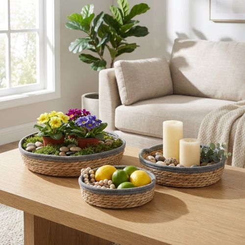 Conjunto de bandeja redonda em vime natural, com vasos para plantas e bandeja decorativa, conjunto de 3 peças Ø33/30/25cm A8/7cm | Floristik24.pt