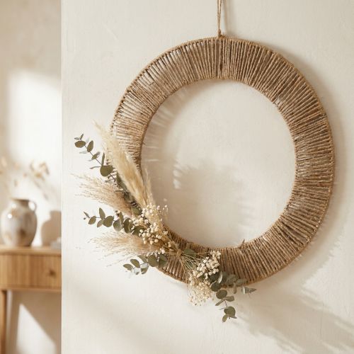 Decoração de parede de verão, estilo boho, juta e metal, Ø49cm, decoração suspensa, guirlanda de flores secas, estilo vintage | Floristik24.pt