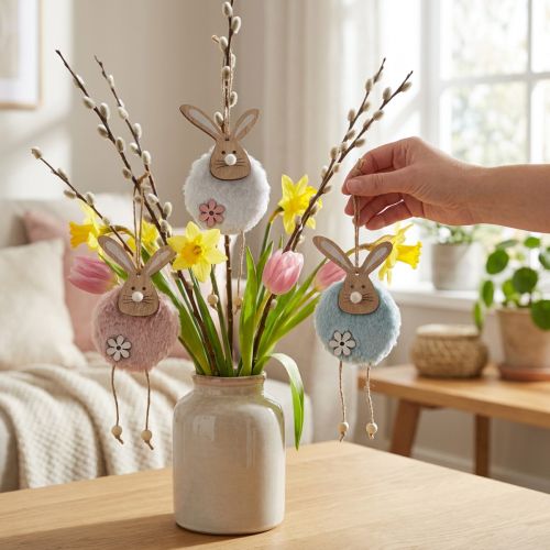 Cabide coelhinhos cabide decorativo madeira de páscoa pelúcia 26×7×2cm 6 un | Floristik24.pt