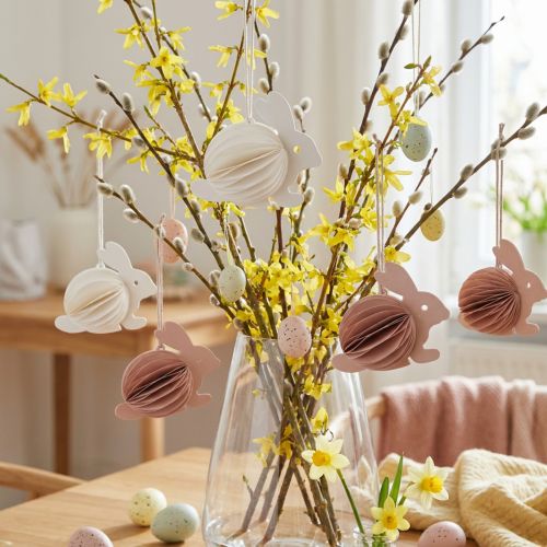 Coelhinhos de Páscoa em favo de mel para pendurar, brancos e laranjas, 8 cm de altura, 5 peças | Floristik24.pt